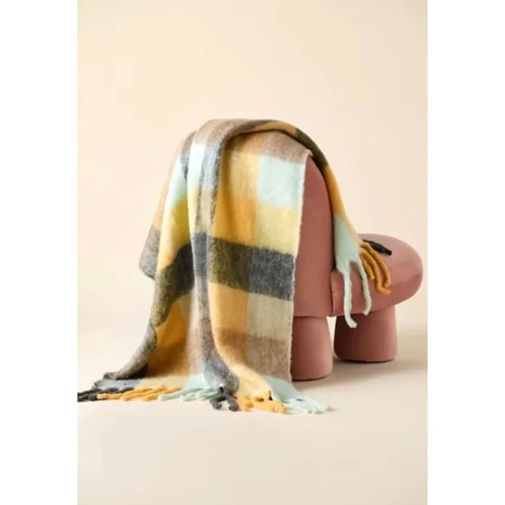 Urban Outfitters Monroe Faux Mohair Throw Blanket Yellow Green Plaid 50x60 NWT